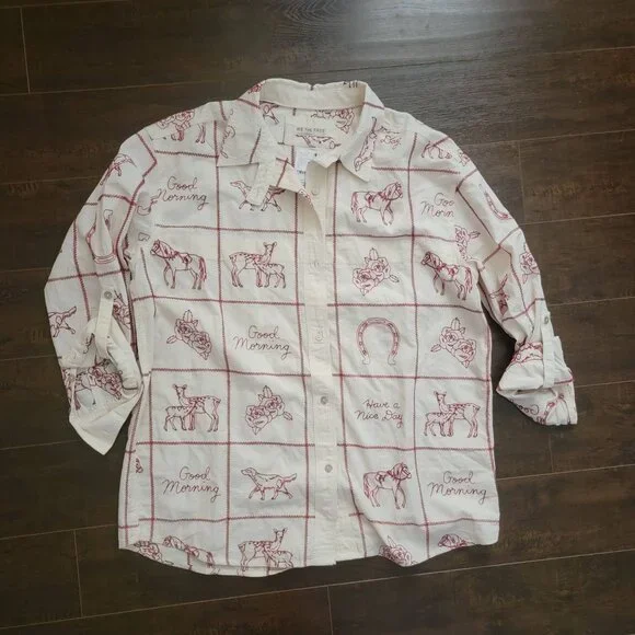 Free People Have A Nice Day Top Womens L Country Western Rodeo Casual Embroidery - Picture 2 of 8